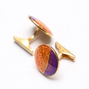 92.5 Sterling Silver Handmade Orange Purple Enamel Round Wedding Gold Cufflink - Picture 1 of 5