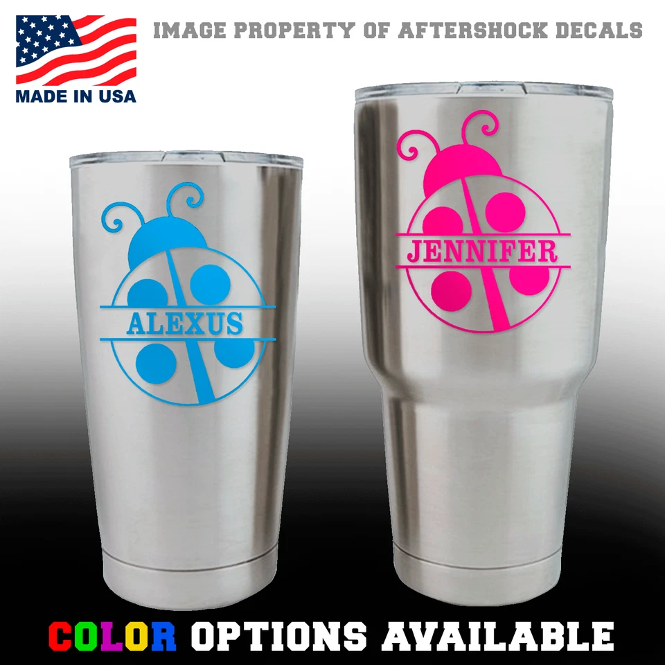 AFTERSHOCK DECALS Ladybug Monogram Split Name Decal for YETI Rambler Tumbler Girl Sticker 2 pack