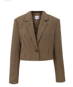 NWT Frnch Paris Womens Size Large Cropped Brown Tweed Blazer Jacket Wool Blend - Picture 1 of 10