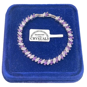Bracciale Tennis Striscia Viola pl. oro Bianco 18k con Cristalli Zirconi B96 - Foto 1 di 6