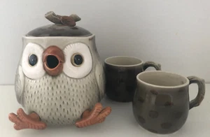 vintage 1978 FITZ & FLOYD Japan hand painted porcelain OWL form TEA POT & 2 MUGS - Picture 1 of 20