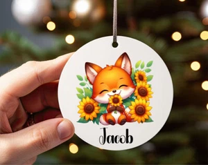 Personalised Fox Sunflower Bauble-Tree Decor-School Bag Tag-Christmas Ornament - Picture 1 of 3