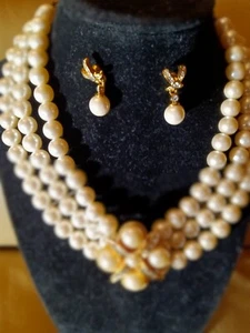 1980s Carol Dauplaise Gold-Pearls Rhinestones Necklace and Earrings Set - Picture 1 of 10