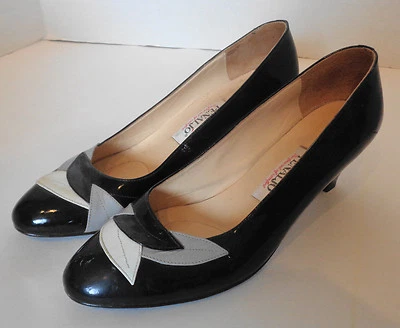 Vintage 80s Black White Penaljo Patent Leather Shoes Heels 7 1/2 N - Image 1 of 4