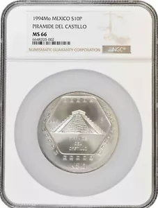 México 10 pesos 1994 Mo, NGC MS66, "Piramide Del Castillo" moneda solucionador 5oz - Imagen 1 de 2