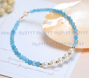 Faceted 4mm Round Blue Aquamarine Gemstone Beads White Pearl Bracelet 7.5'' AA