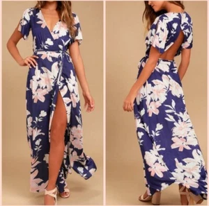 Lulus Womens Tropical Vacation Dress V-Neck Floral Wrap Flutter Sleeve Blue Sz S - Picture 1 of 14