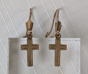 Vintage Birmingham Hallmarked 375 9ct Gold W.H.Collins Cross Dangle Earrings - Picture 1 of 10