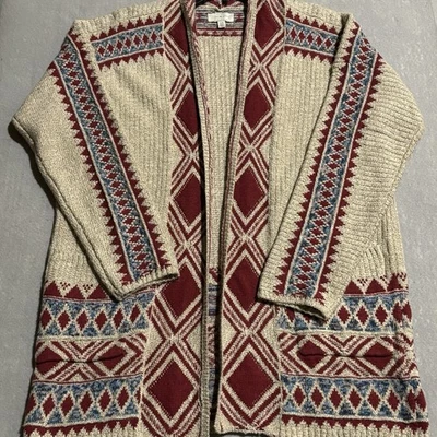 LUCKY BRAND Sweater Women L Tribal Aztec Knit Coatigan Open Front Cargo Pockets - Image 1 of 4