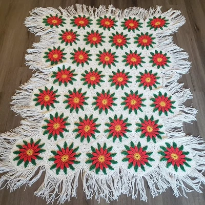 Handmade Crochet Poinsettia Flower Afghan Blanket White Red Green w/ Fringe - image 1 of 4