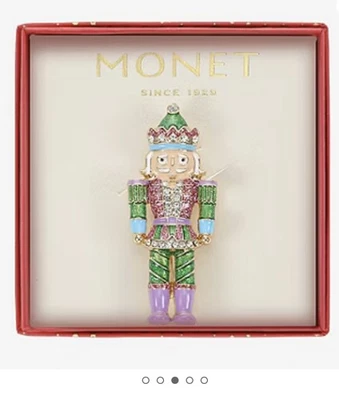 New Beautiful Monet Gold Tone Pastel Nutcracker Pin Brooch Enamel  Rhinestone - Image 1 of 4