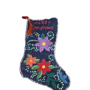 Handbestickter Weihnachtsstrumpf Blumen Baumwollstoff Mehrfarbig 11x6x8   - Bild 1 von 5