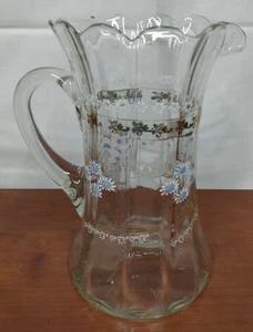 Brocca acqua vittoriana FIORI SMALTATI margherite bianche vetro artistico piano smerlato - Foto 1 di 5