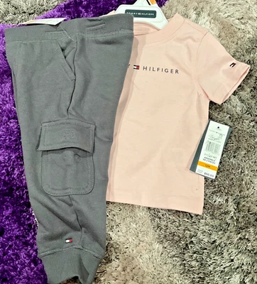 New Girl’s 2pc Pink Gray Tommy Hilfiger T-shirt and pants set  Size 12 months - Image 1 of 4