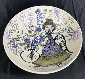 Kupittaan Savi Made In Finland Ceramic Bowl Lady Flowers Bird Decoration - Picture 1 of 7