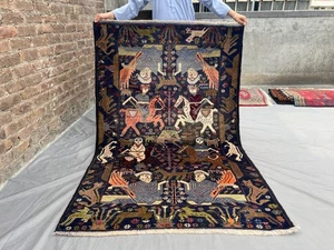 4x6.2 ft Pictorial Afghan Hand Knotted Horse Riding Rug | Vintage Tribal Art Rug - Picture 1 of 10