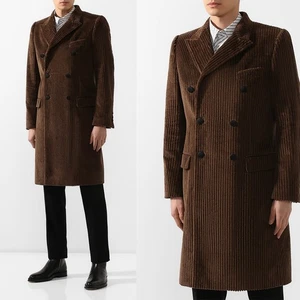 Corduroy Men Coat Jacket Overcoats Business Outwear Double Breasted Peak Lapel - Picture 1 of 17