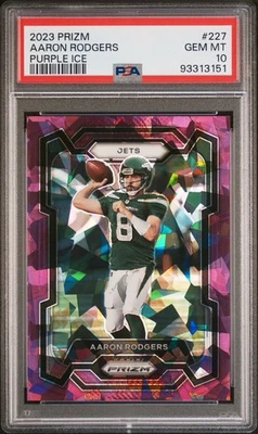 2023 Prizm Aaron Rodgers /225 Purple Ice #227 Jets PSA 10 - Image 1 of 2