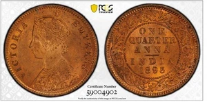 India Regina Vittoria rame 1/4 anna 1893 Calcutta PCGS MS65 RD, TOP!!! - Foto 1 di 4