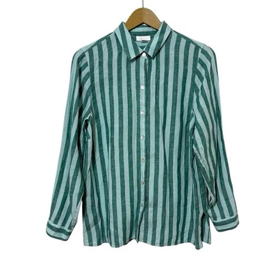 Blusa J. Jill Love de linho tamanho pequeno listrada verde-petróleo manga longa com botões - Imagem 1 de 4