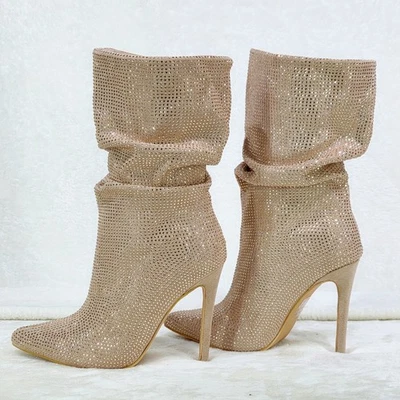 Resolve Sparkling Champagne Rose Gold Rhinestone High Heel Slouch Calf Boots - Image 1 of 4