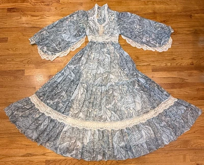 Vintage Gunne Sax 1970's Blue Fairy Dress w/ Angel Sleeves Prairie Cottagecore - Image 1 of 4