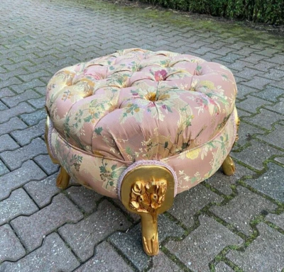 Bench Ottoman Pouf French Louis XVI Gilded Wood Pink Damask Vintage Seating - Image 1 of 4