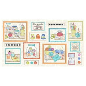 23" Fabric Panel - Henry Glass Handmade with Love Sewing Notion Blocks Beige - Picture 1 of 1