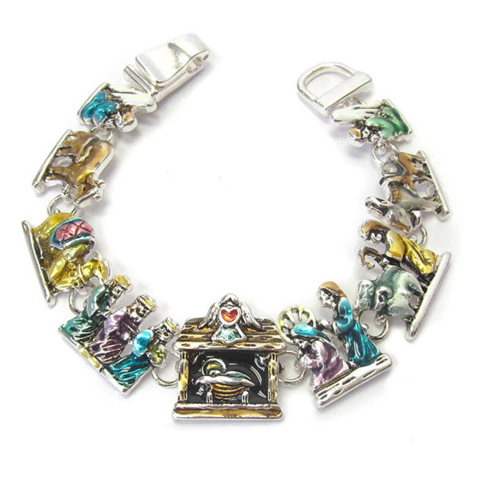 Nativity Story Charm Chain Bracelet Magnetic Clasp Size 7 White Gold Foto 1 de 4