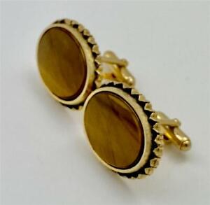 Vintage Anson Oval Tiger's Eye Gold Tone Cufflinks with nice Edge Design