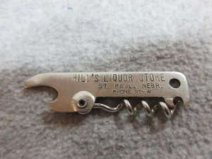 1930's HILL'S LIQUOR STORE ST PAUL Nebraska Promo Pocket Bottle Opener Corkscrew - Picture 1 of 2