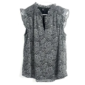 Women's Tamara H. Round Ruffle Neck Black White Abstract Sleeveless Blouse Lined - Picture 1 of 12