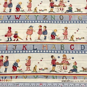 Vintage Alphabet Blue Stripe Michael Miller Cotton Fabric by the HALF YARD - Picture 1 of 2