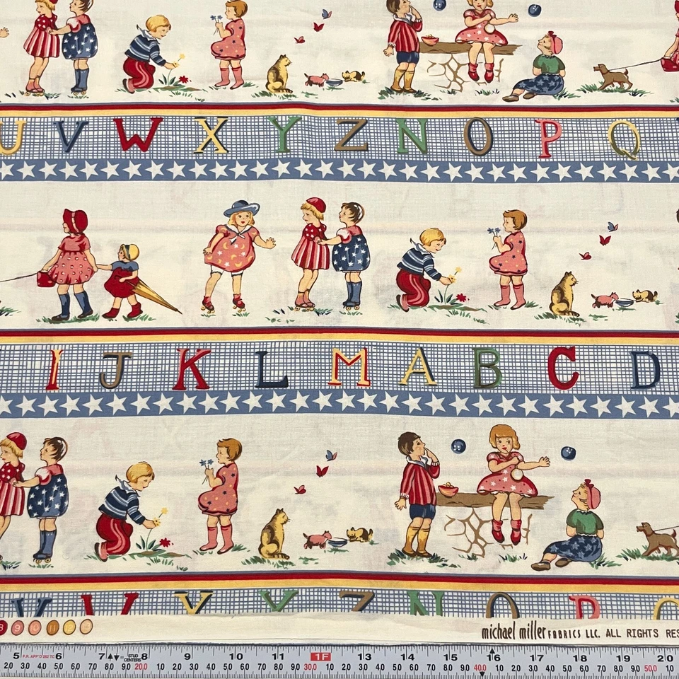 复古字母蓝色条纹 Michael Miller 棉织物 半码 — 第 1/2 张图片