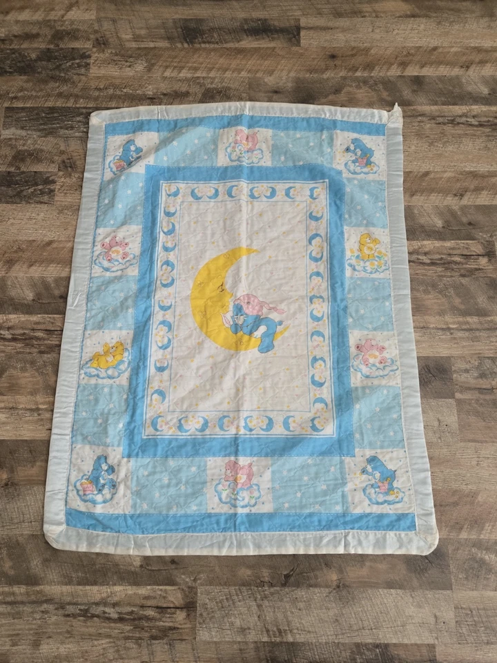 "Manta edredón vintage Care Bears Throw Baby 42 x 36"" azul para dormir oso borde satinado" Foto 1 de 1