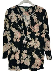 Blusa Lauren Jeans Co Ralph Nylon Volantes Manga Larga Negra Floral Talla Grande - Imagen 1 de 6