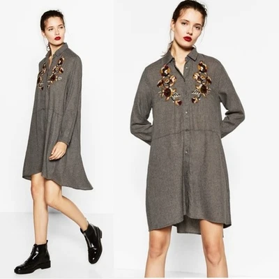 Zara Embroidered Swing Tunic Shirt Dress Size Large Grey Flannel Fall Shacket - Image 1 of 4