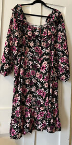 Papaya Black Pink Floral Frill Neck 3/4 Sleeve Easy Wear Tiered Dress UK20 L41"