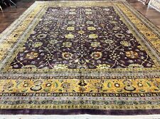 Indian Agra Rug 12x15 Wool Handmade Vintage Carpet Purple Gold Fine Weave Large
