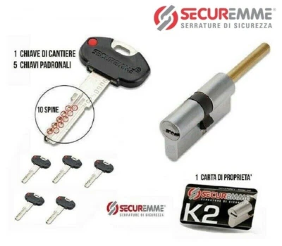 CILINDRO EUROPEO SECUREMME K2 CON CODOLO PER POMOLO 5 CHIAVI + CHIAVE CANTIERE - Immagine 1 di 2