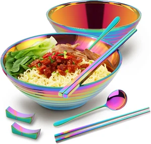 Ramen Noodle Bowl, 2 Set (8PCS) Stainless Steel Japanese Style Soup Bowls and Sp - Picture 1 of 9