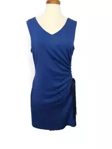 Amy Matto Dress Size 10 Blue Sleeveless Ruching Lined Black Bow V Neck - Picture 1 of 4