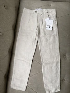 New Zara Boys Linen Habanero Suit Pants Pleat Front Ivory Sand Sz 7 Years - Picture 1 of 11