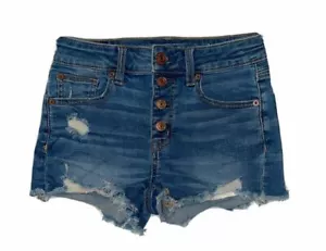 Women's American Eagle Outfitters Hi-Rise Shortie Button-Fly Sz 0 Shorts Denim - Picture 1 of 3
