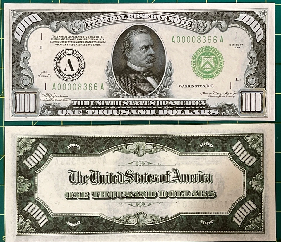Reproduction 1934 $1000 Bill USA Federal Reserve Note Boston Copy Read Below!! - Image 1 of 4