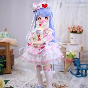 1/4 BJD Doll 40cm Height Girl Doll with Pink Dress Red Eyes Blue Hair Wig Kawaii - Picture 1 of 7
