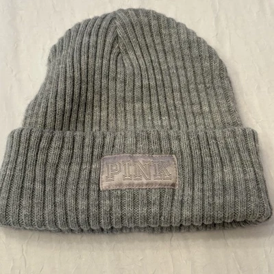 Victoria's Secret PINK Hat One Size Ribbed Knit Grey Beanie Logo Gray Stretch - Image 1 of 4