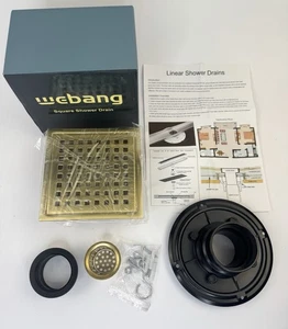 WEBANG 6” Brushed Gold Square Shower Drain SUS304 Stainless - Picture 1 of 11