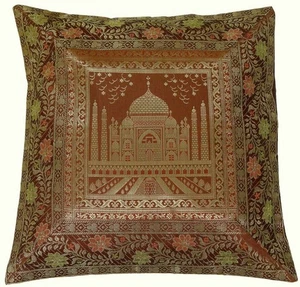 16 Zoll Quadrat Indische Kunst Seide Gewebt Zari Borcade Banarasi Kissen Kissenbezüge Braun - Bild 1 von 2
