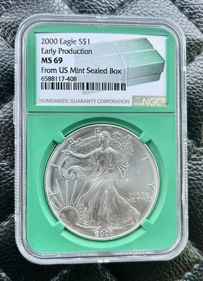 2000 SILVER EAGLE NGC MS69 EARLY PRODUCTION FROM US MINT SEALED BOX GREEN CORE - Image 1 of 2